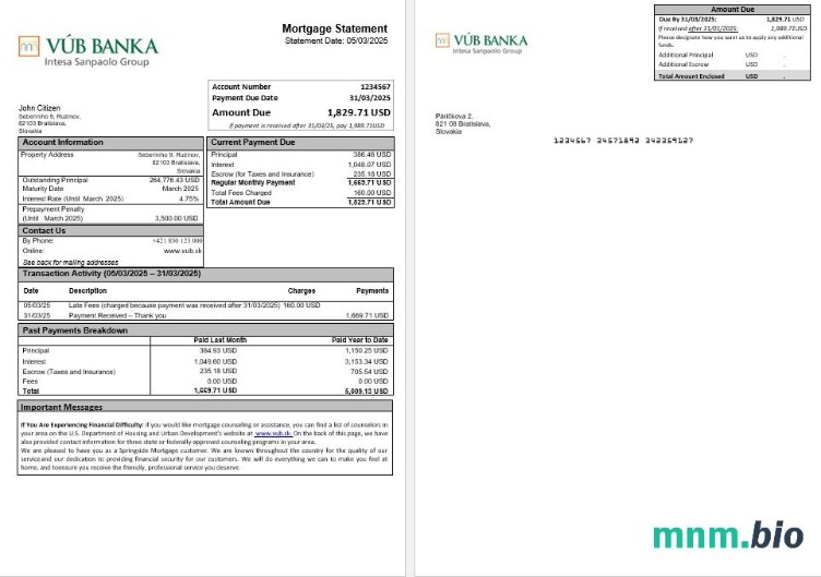 Słowacja VUB Bank wyciąg z kredytu hipotecznego w formatach Word i PDF